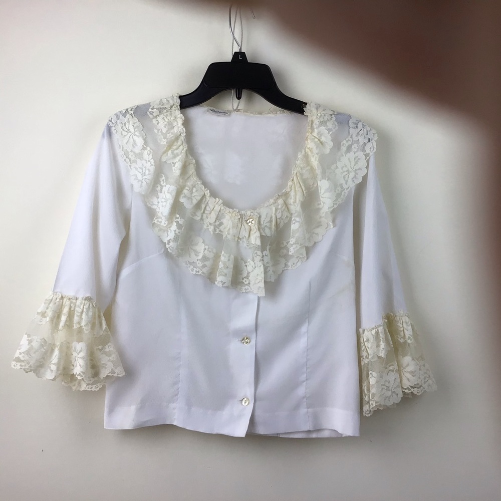 Blouse, White, 5” Lace Trim on Neck and Sleeves.